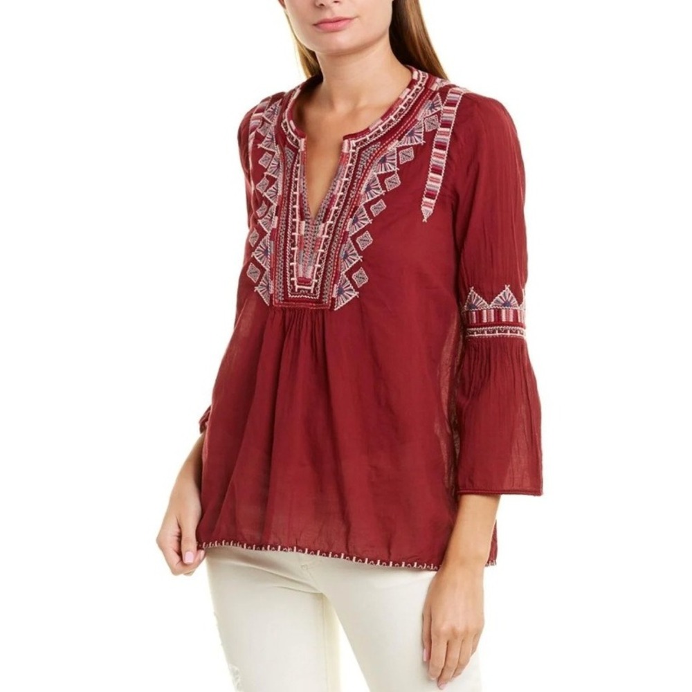 Johnny Was Workshop Embroidered Top Women Small Burgundy Boho 3/4 Sleeve Peasant